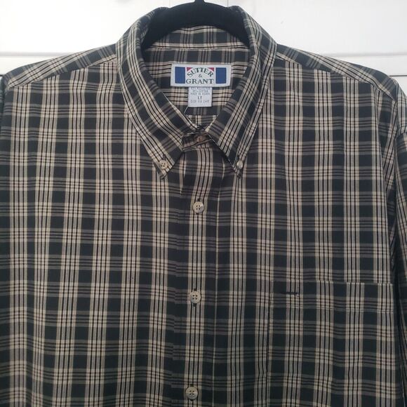 Sutter & Grant Button Down Shirt Men's Large Tall Plaid Black Tan Poly Cotton - Picture 2 of 8